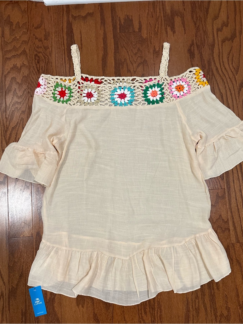 Cupshe Cream Off-Shoulder Tunic with Multicolor Crochet Trim